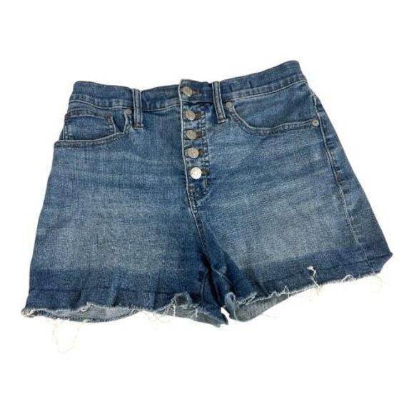Madewell Blue High-Rise Denim Shorts Size 26 Raw Hem Button Fly Stretch Cotton - Picture 1 of 14